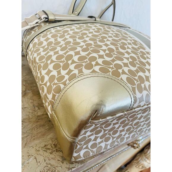 Vtg coach L diaper bag coated canvas/ leaher beige/gold tote shoulder bag F15184 - Picture 7 of 9